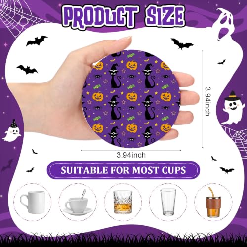 Halloween Coasters Set - 16 Spooky Ghost Pumpkin Bat Skull Drink Mats - Non-Slip 4 Inch Round PVC Party Supplies