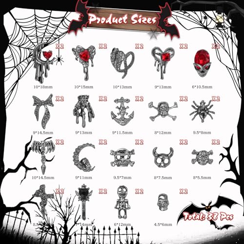 Halloween Nail Charms Rhinestones Set - Gothic Nail Art Decorations 38 Pcs