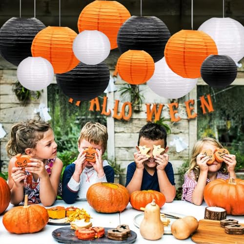 Halloween Paper Lanterns Set - Black, Orange, White 12pcs Decorative Hanging Decorations
