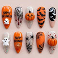 Halloween Press On Nails with 3D Pumpkin Glitter Spider Web Bat Design - Medium Almond Fake Nails, 24 Pieces