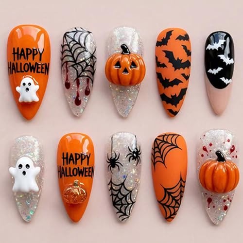 Halloween Press On Nails with 3D Pumpkin Glitter Spider Web Bat Design - Medium Almond Fake Nails, 24 Pieces