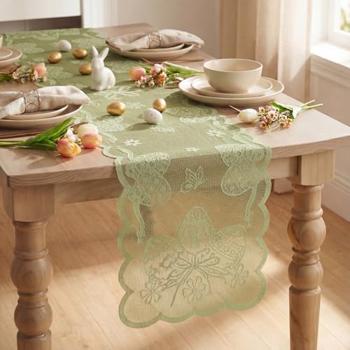 Egg Bowknot Green Lace Jacquard Table Runner 13x72 Inch for Easter Home Decor