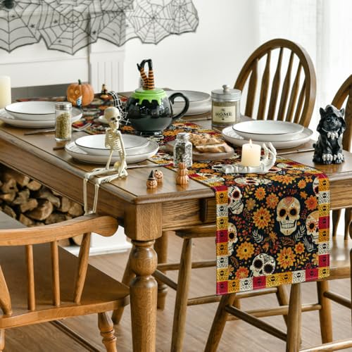 Sugar Skull Table Runner - Day of The Dead Mexican Decor for Dining Table 13x72 Inches