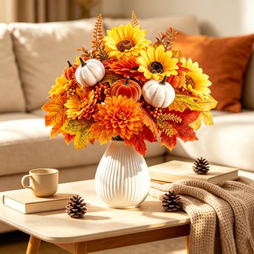 Autumn Artificial Floral Picks Set - 6 Pack Fall Silk Flowers with Pumpkins Sunflowers & Maple Leaves for Decor