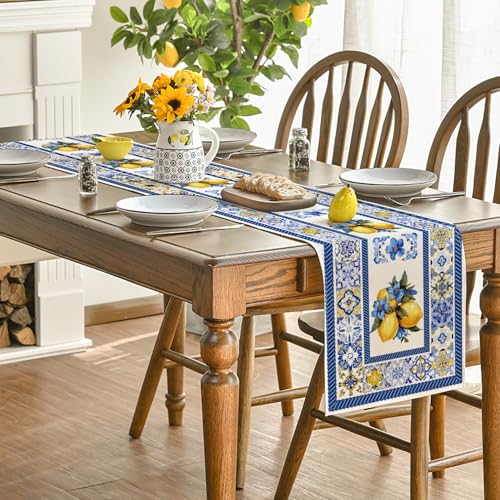 Summer Table Runner 13x72 Inch Blue & White Porcelain Floral Decor for Dining Table
