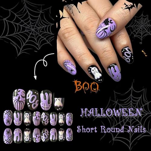 OCOUYVD Halloween Short Almond Fake Nails with Ghost & Pumpkin Design - 24PCS Variation 59
