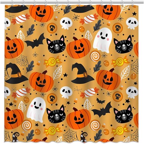 Halloween Shower Curtain 72x72 Inch - Cute Orange Bat Theme Waterproof Polyester