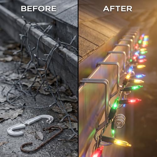 60 Pcs Stainless Steel Gutter Light Hooks for Christmas Lights - Outdoor Durable Clamp