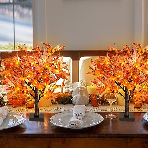 2-Pack 1.5ft Lighted Fall Maple Trees with 36 LEDs & Acorns - Battery Operated Tabletop Decor