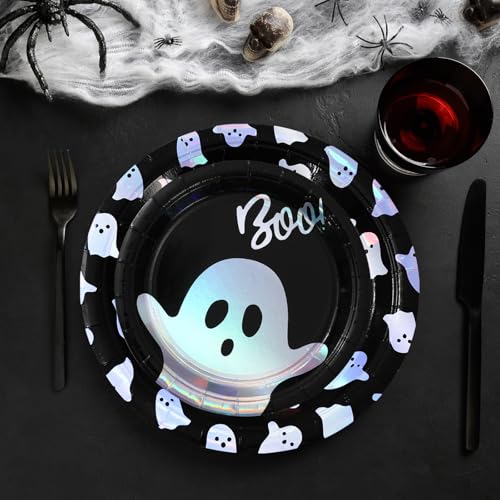 Iridescent Black Halloween Paper Plates Set - Ghost Boo 7 & 9 Inch Disposable Tableware