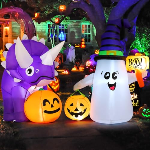 5 FT Halloween Inflatable Dinosaur & Ghost Bundle with LED Lights, Fast Setup
