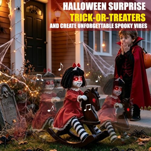 Halloween Animatronic Girl Doll on Rocking Horse with Lights - Multicolor