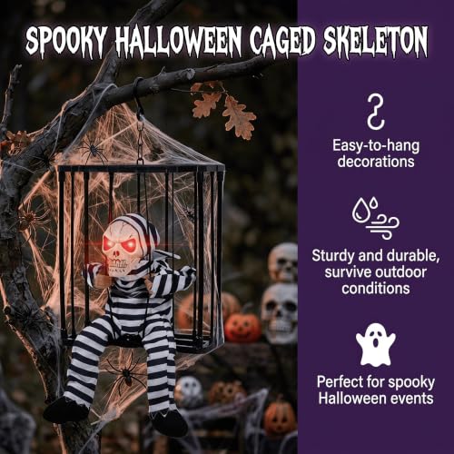 Outdoor Caged Skeleton Prisoner Halloween Decoration with Red LED Eyes & Sound