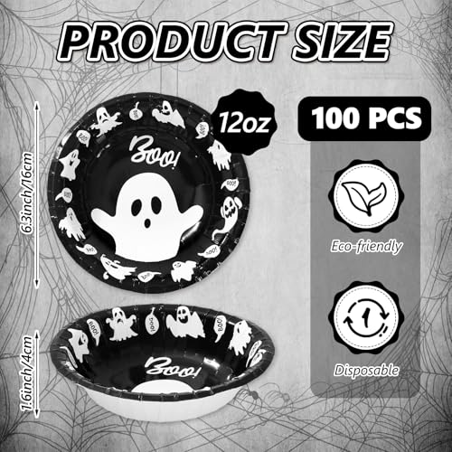Halloween Ghost Paper Bowls - Black and White Disposable 12oz 100 Pack