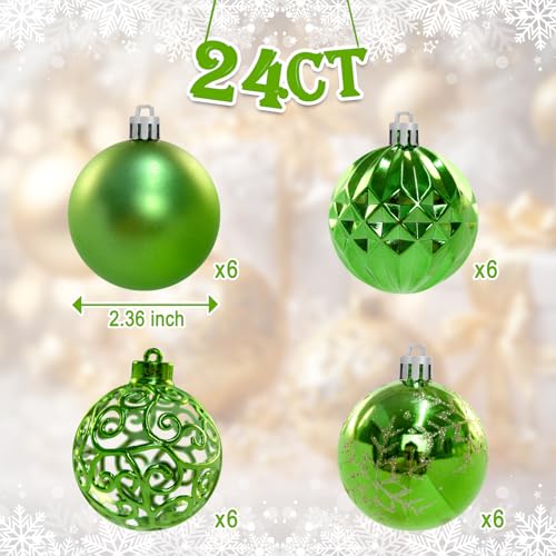 24pcs Green Christmas Tree Ornaments - 2.36 Inch Shatterproof Holiday Decorations