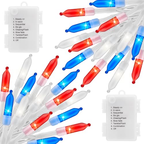Red White Blue Battery Operated String Lights 2 Pack 18Ft 50 LED - Patriotic Decor