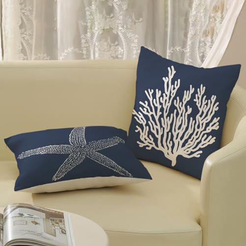 Navy Blue Starfish Coral Linen Pillow Covers 24x24 Inch Set of 2 - Coastal Nautical Decor