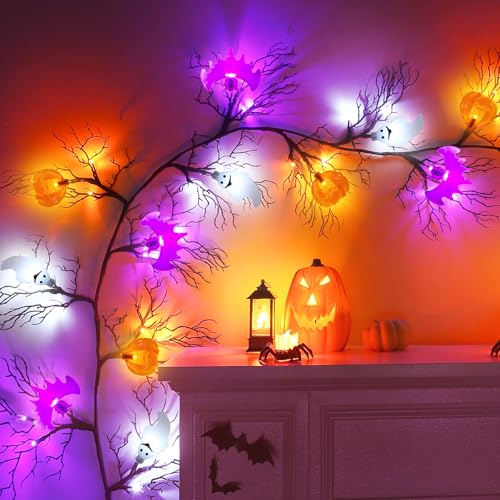 Halloween Garland with Pumpkin Bat Ghost Lights - 6FT Decor, Battery Operated, 8 Modes, Variation of Pumpkin & Bat & Ghost