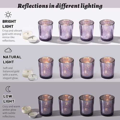 Purple Votive Candle Holders Set - 24 Glass Tea Light Holders for Weddings & Home Decor - Variation: Purple / Cup / 24