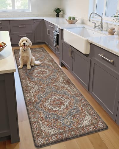 Anti-Fatigue Kitchen Floor Mat 24x87 Inches Cushioned Runner Rug - Rust Red & Blue