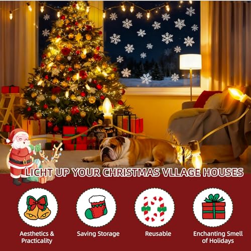 8.4ft Christmas Village Lights with 4 Warm White LED Bulbs - Adjustable & Energy-Efficient