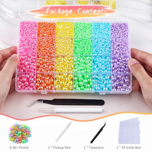 Rainbow Pearl Flatback Pearls & Rhinestones Craft Kit - 24Grid for Nail Art & Decor