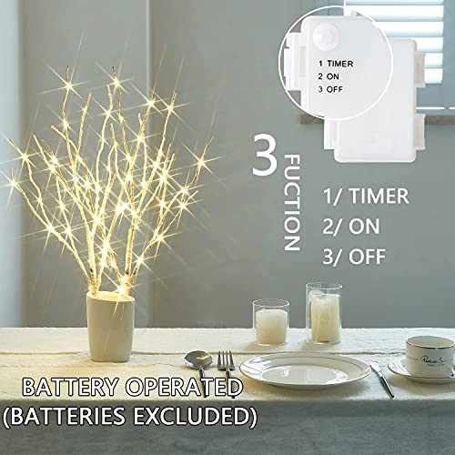 Lighted Birch Branches 18IN with White LED & Timer - Battery Operated for Holiday Decor - White Branches with White Lights