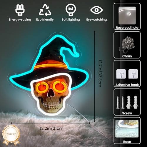 LED Halloween Skull Neon Sign Light Up Skull Wizard's Hat - Skull01