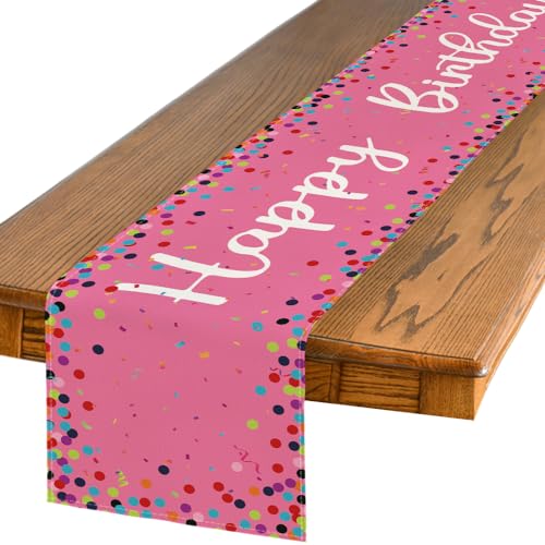 Pink Polka Dot Happy Birthday Table Runner 13x72 Inch - Seasonal Kitchen Decor