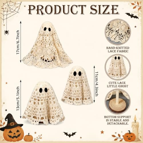 Halloween Ghost Decor Set - Crochet Lace Primitive Figurines with Wooden Bases, Spooky Cute Home Decoration