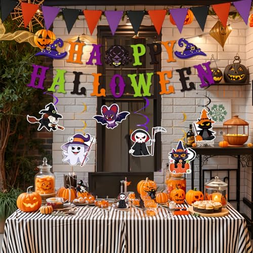 Halloween Banner Indoor Decor Set with Flags, Swirls & Characters - Orange & Purple