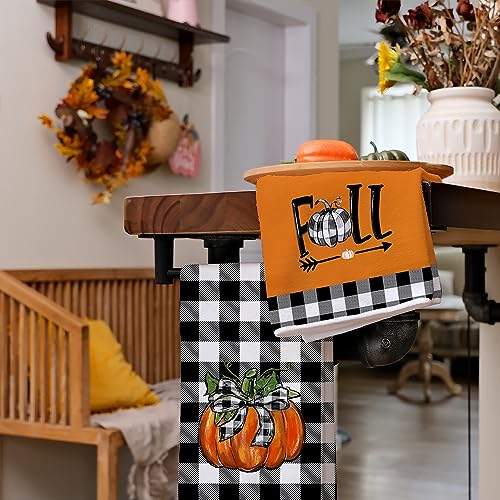 Black Pumpkin Fall Kitchen Towels Set of 2 - Buffalo Plaid Check Dish Towels