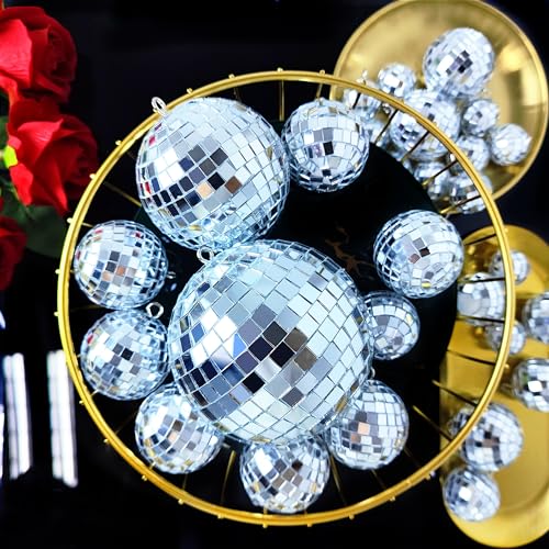 Mini Silver Disco Balls 54 Pcs Set - Hanging Mirror Ornaments for Parties, Weddings, Christmas, Halloween - 1.2, 2, 3.2, 4 Inch Variations