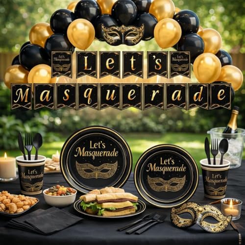 Masquerade Party Decorations Set - Black & Gold Party Supplies for Elegant Events
