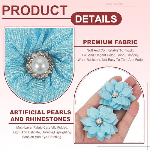 Light Blue Fabric Flowers with Rhinestones and Pearls, 15 Pcs for DIY Crafts & Wedding Decorations