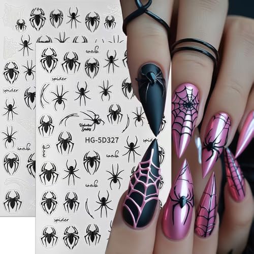 Cute Halloween Spider Nail Art Stickers 8 Sheets Self-Adhesive Black & White Spider Web Decals for Manicure DIY