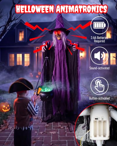 Life Size Halloween Animatronic Witch with Cauldron & Lights - Sound Activated, Spooky Yard Decor