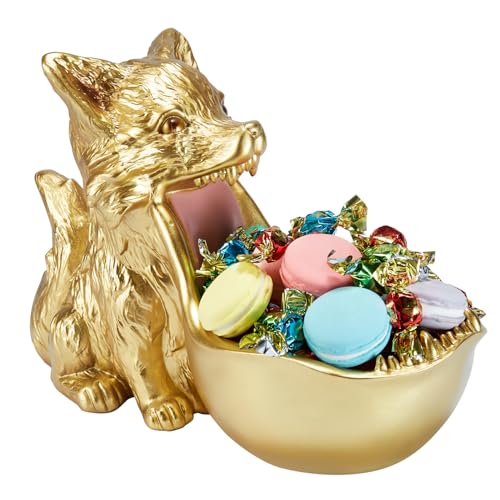 Black Wolf Resin Fox Statue with Gold Finish - Home Decor & Gift