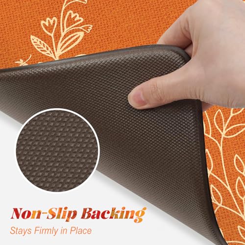 Fall Leaf Kitchen Mat with Pumpkin Design Anti-Fatigue Cushioned Rug 17.3x47+17.3x29 - Orange/Leaf