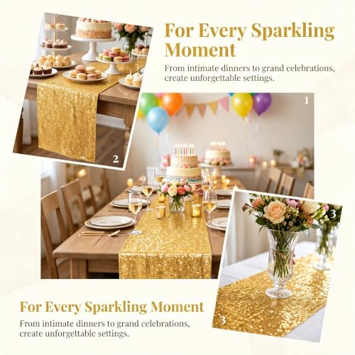 Gold Sequin Table Runner Set - 15 Pack 12x108 Inches for Weddings & Parties