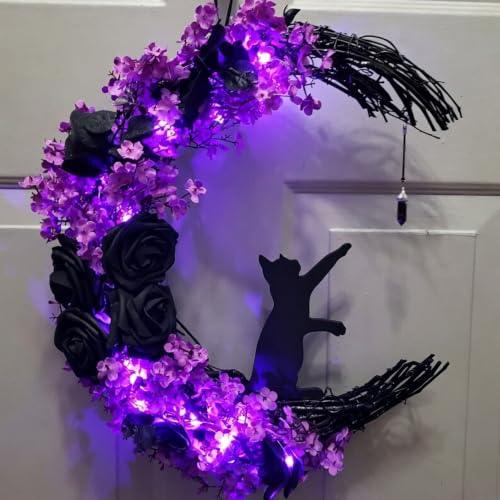 Halloween Moon Wreath 15 Inch Gothic Black Cat Decor with Faux Roses & Purple Flowers
