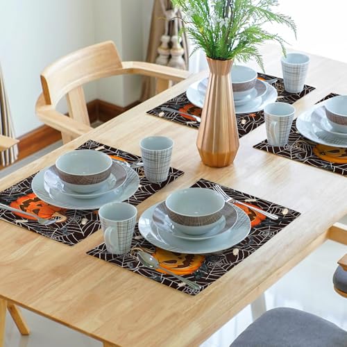 Halloween Placemats Set of 4 - Pumpkin Spider Web Linen Table Mats - Fall Holiday Decor