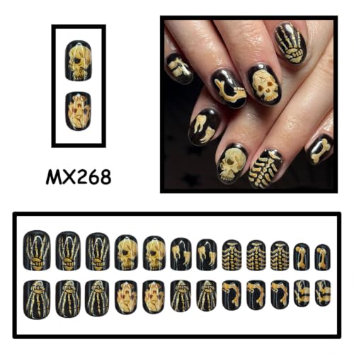 Halloween Short Oval Skeleton Nails Set - Black Gothic Fake Nails with Skeleton Design, 24Pcs - Square Variation 17