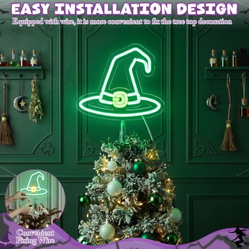 Halloween Tree Topper LED Witch Hat Lighted Decoration - 10 Inch, Green, with Base & Ties - Variation of Witch Hat