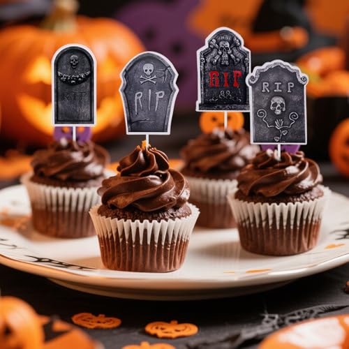 Halloween Cupcake Toppers Set with Tombstone Food Picks & Decorations