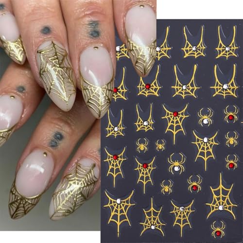 Halloween Nail Stickers Set - 4 Sheets 5D Embossed Spider Web Ghost Rhinestones