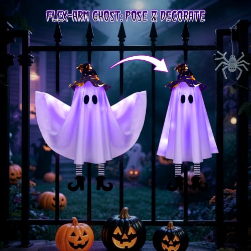 Halloween Ghost Decorations Outdoor Indoor Purple Set with Witch Hat & 3 Light Modes - Hanging Spooky Decor with DIY Arms