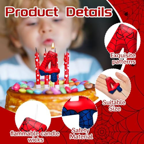 Spider Birthday Candles Number 4 - Themed Cake Party Decoration - Red & Blue - Variation 4