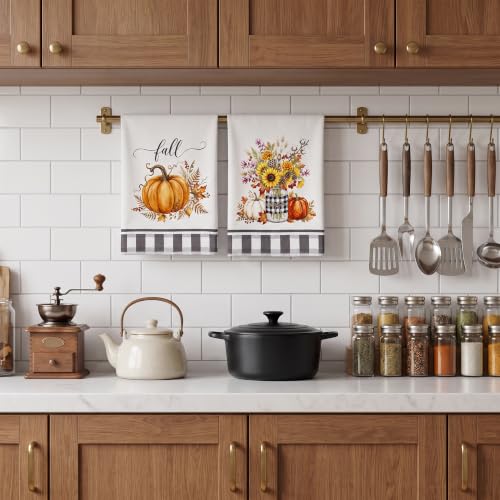 Fall Kitchen Towels Set - 2 Pack 26x18 Inch Pumpkin Leaf Decorative Dish Towels