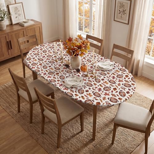 Fall Fitted Tablecloth for 64x44 Inch Oval Table - Brown Leaf Football Design - Caramel Variation